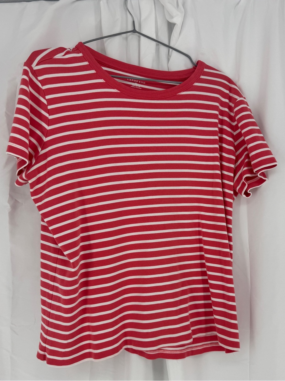 Lands' End Coral and White Striped Short Sleeve Tee